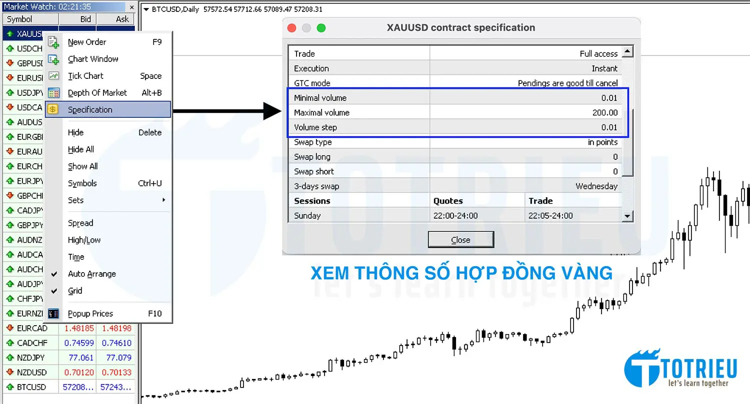 Xem thông số hợp đồng Vàng về quy định Lot giao dịch