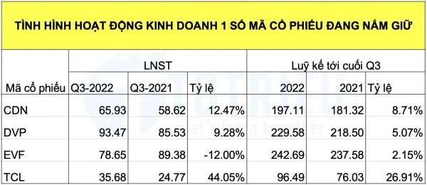 Kết quả kinh doanh và Luỹ kế 9 tháng năm 2022 DVP, TCL, CDN, EVF